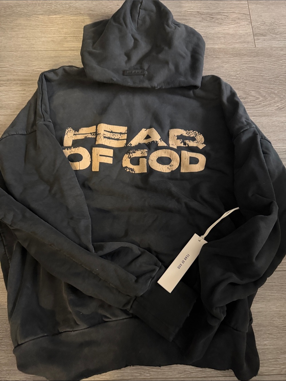 Fear of God Black Hoodie with Distressed Beige Logo NWT size M